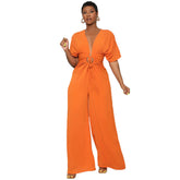Solid Color V neck Batwing Sleeve Hollow Out Cutout Lace up Jumpsuit